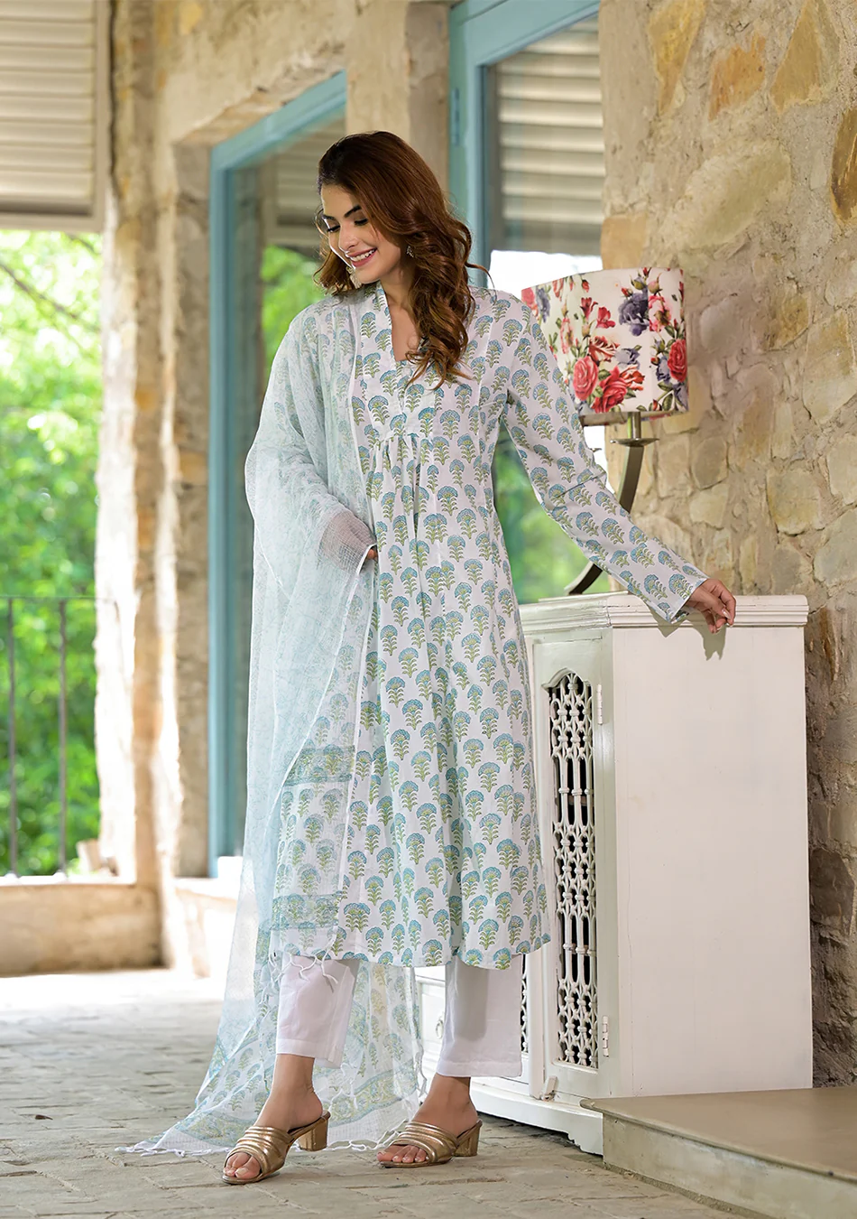 White & Green Floral Handblock Printed Cotton Anarkali Kurta Set - Image 8