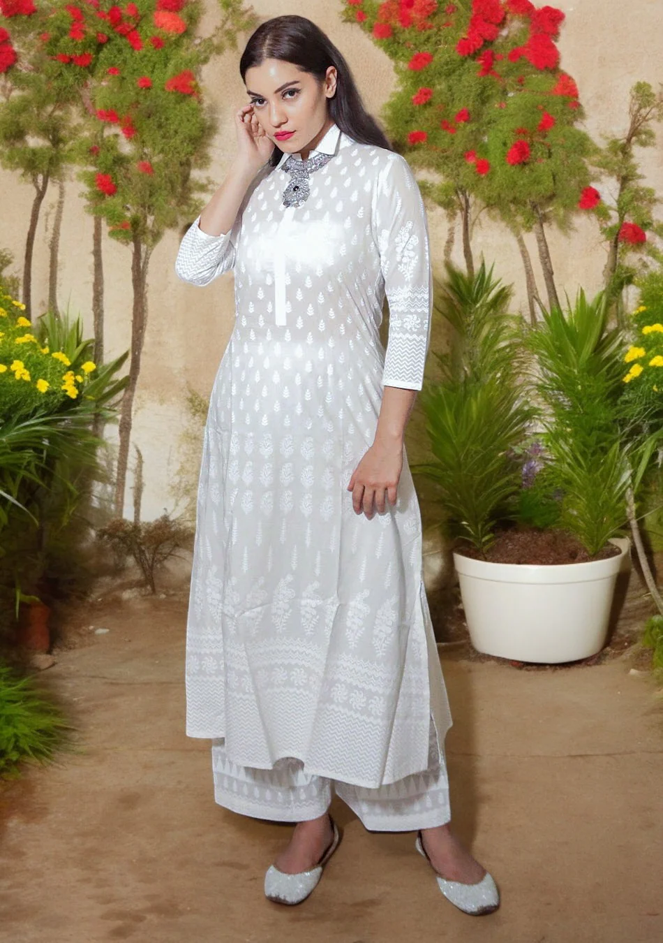 White Printed Cotton Kurti With Palazzo Set - Image 2