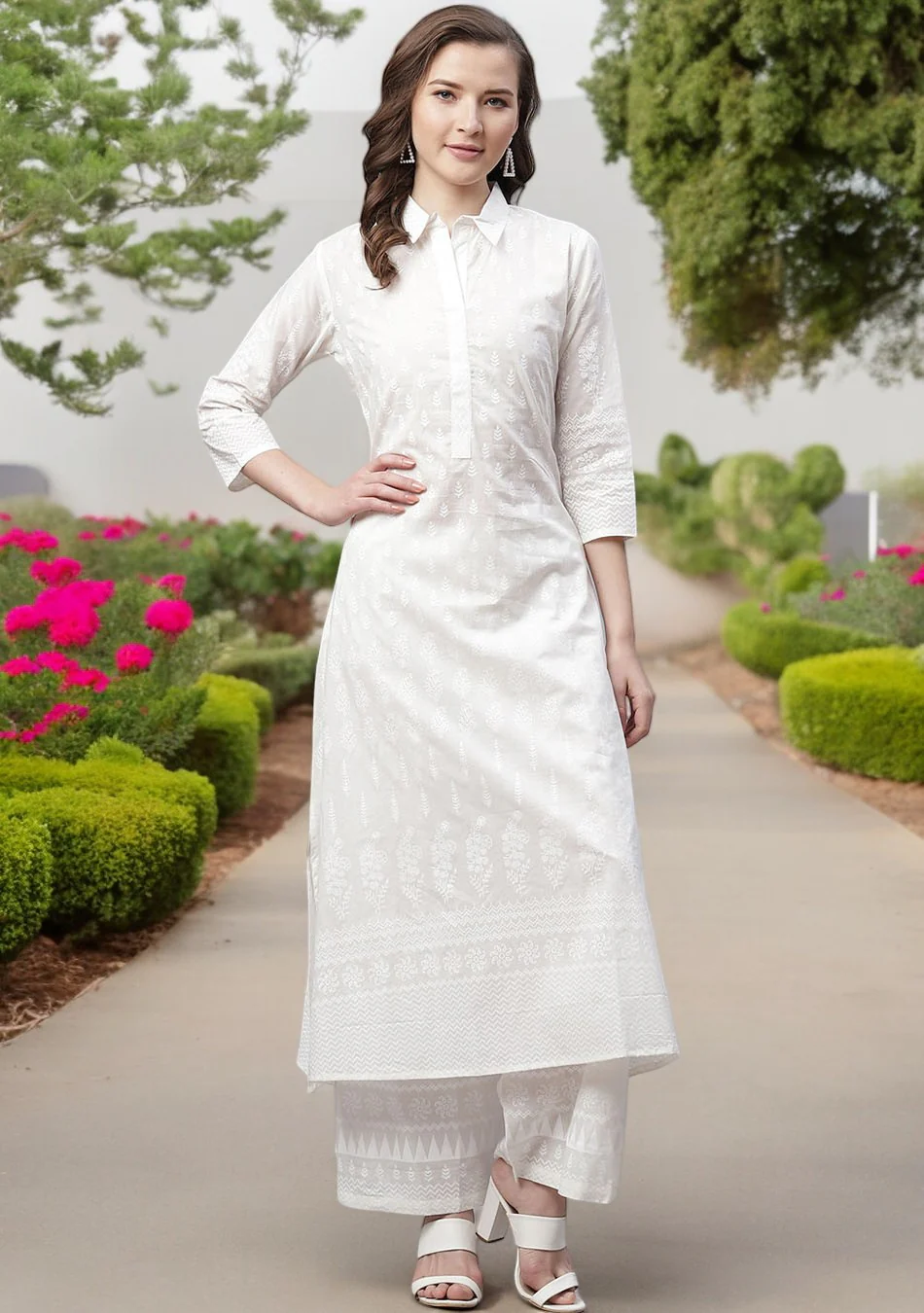 White Printed Cotton Kurti With Palazzo Set - Image 3