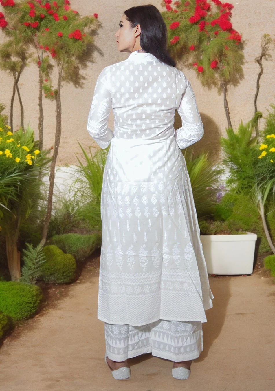 White Printed Cotton Kurti With Palazzo Set - Image 4