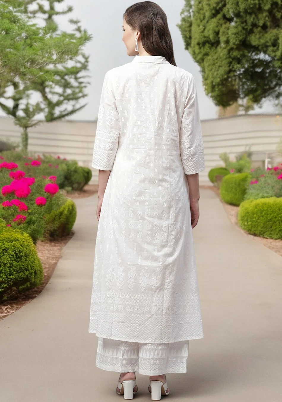 White Printed Cotton Kurti With Palazzo Set - Image 5