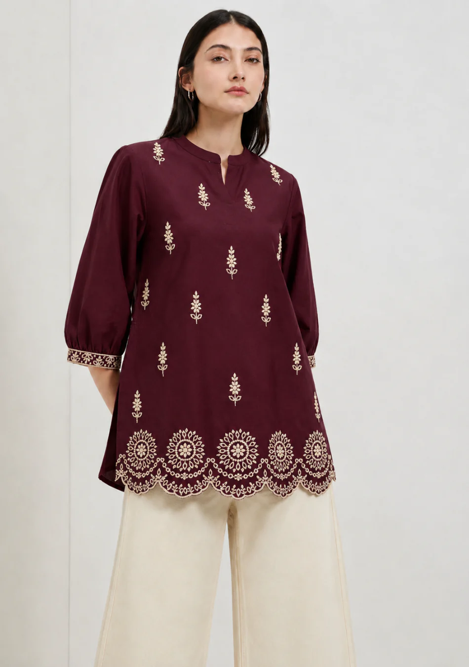 Wine Scallop Hem Embroidered Top