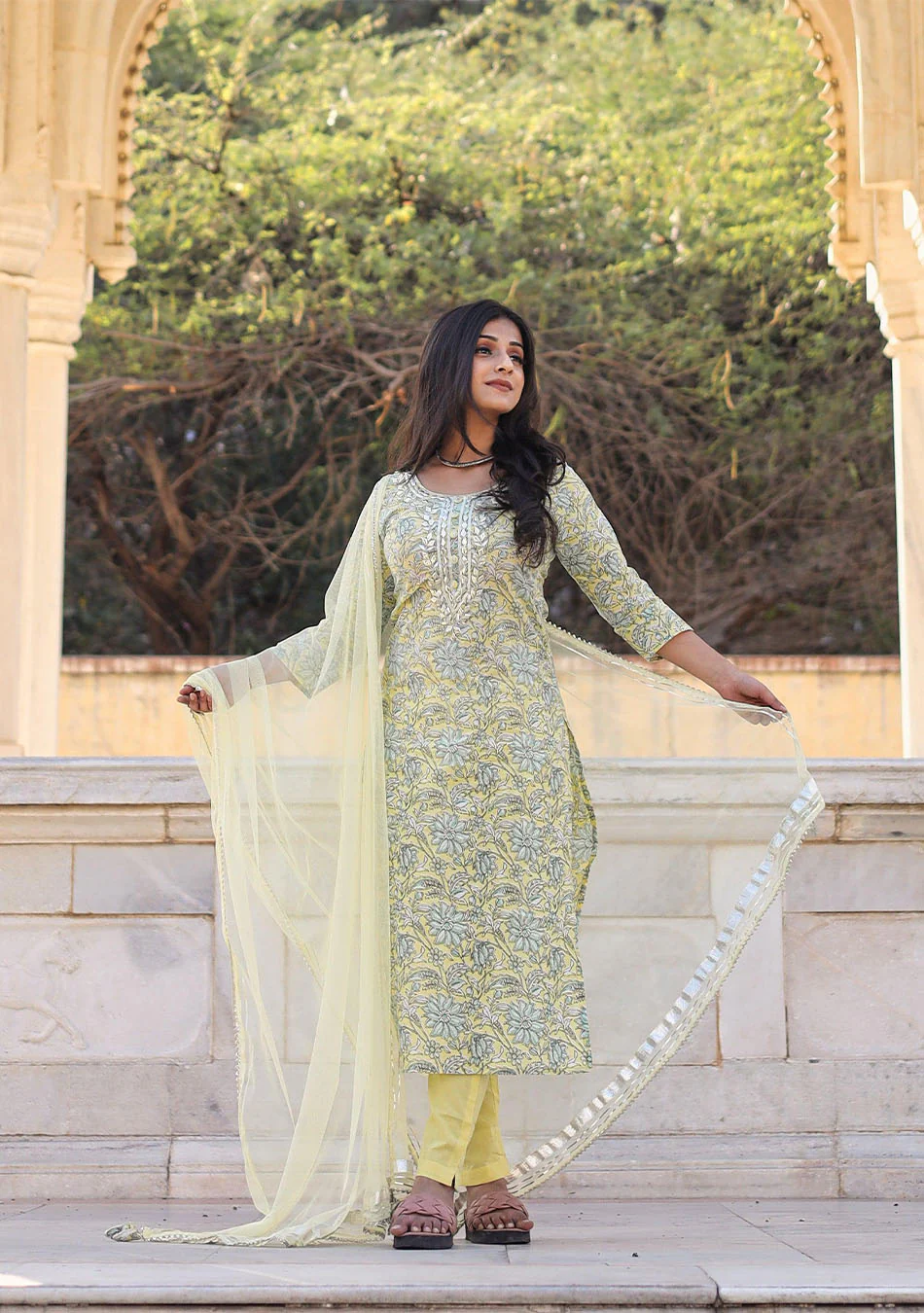 Yellow Cotton Straight Kurta Pant Set with Dupatta - Image 2