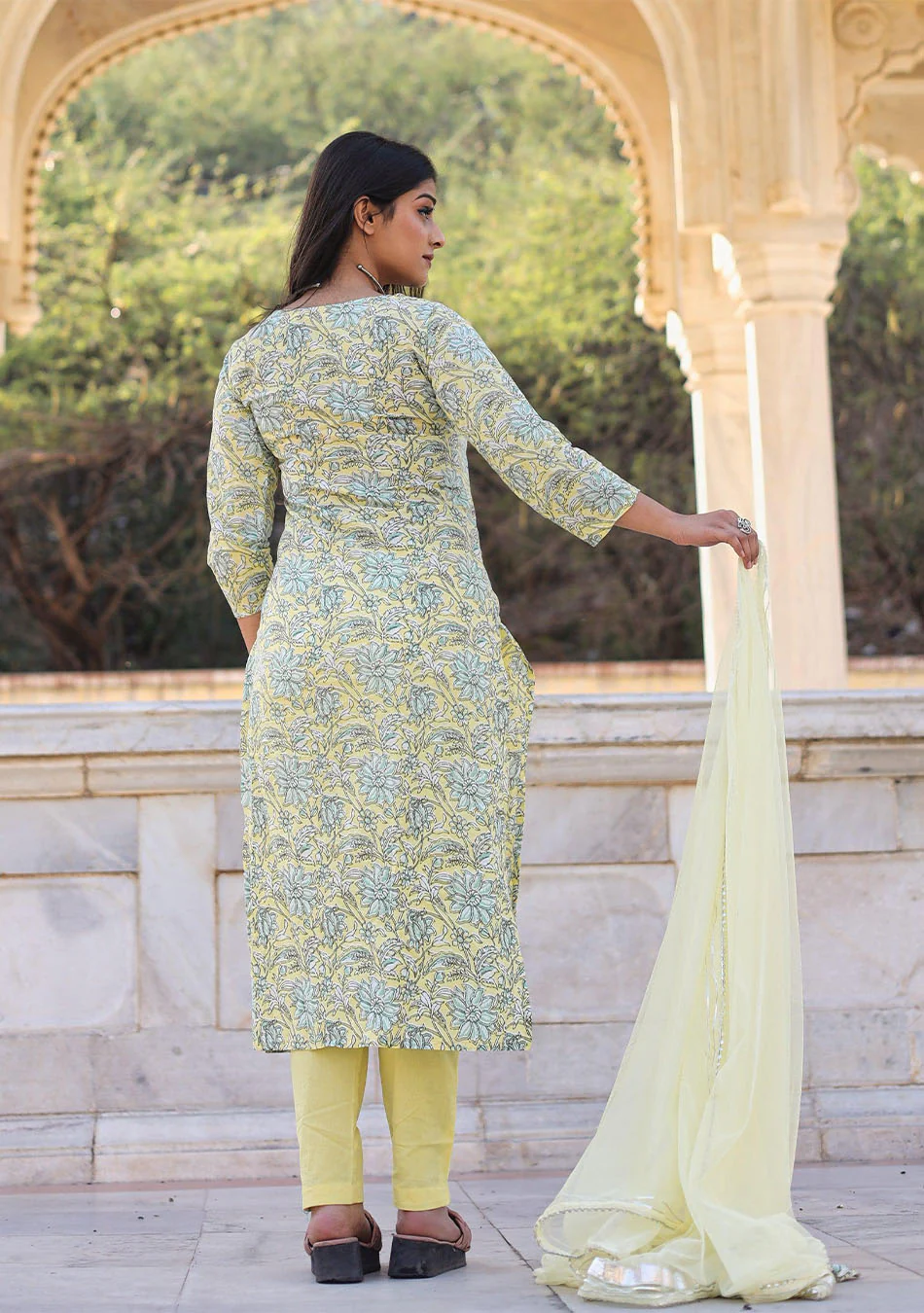 Yellow Cotton Straight Kurta Pant Set with Dupatta - Image 3