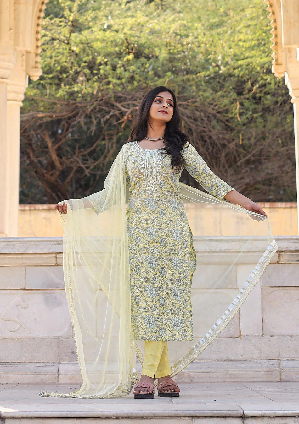 Yellow Cotton Straight Kurta Pant Set with Dupatta - Image 4