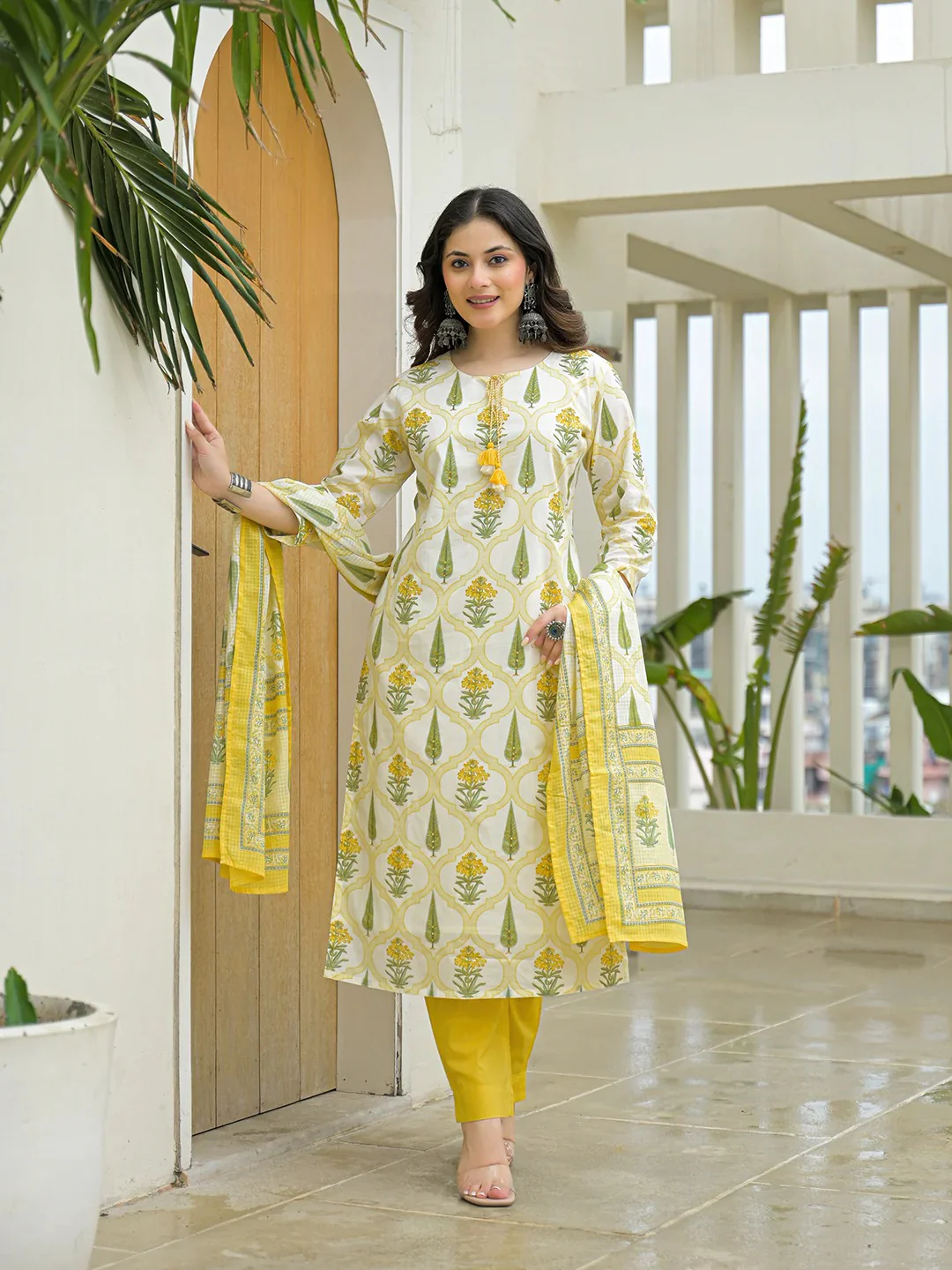 Yellow Cotton Straight Kurta Pant Set with kota Dupattta