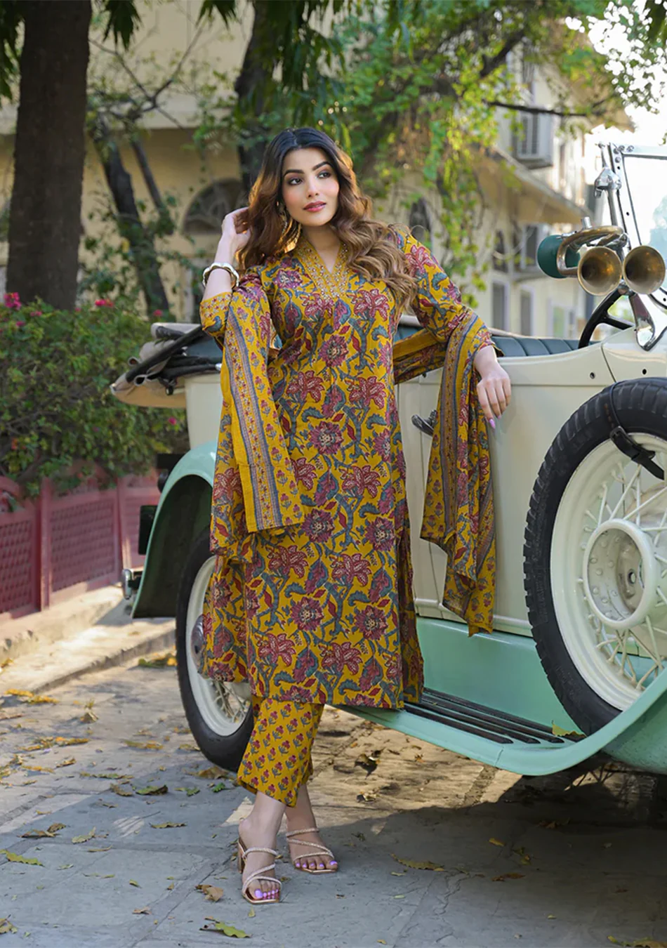 Yellow Floral Print Cotton Fabric A-Line Kurta Pant With Dupatta - Image 5