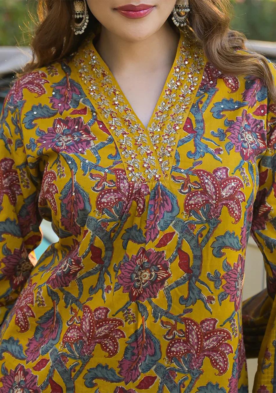Yellow Floral Print Cotton Fabric A-Line Kurta Pant With Dupatta - Image 6