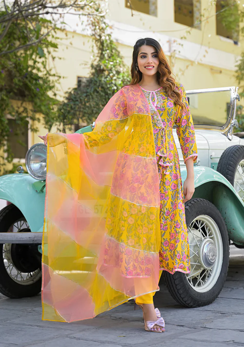 Yellow Floral Printed Muslin Kurta Pant with Dupatta - Image 2