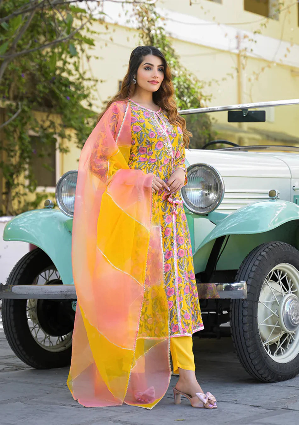 Yellow Floral Printed Muslin Kurta Pant with Dupatta - Image 4