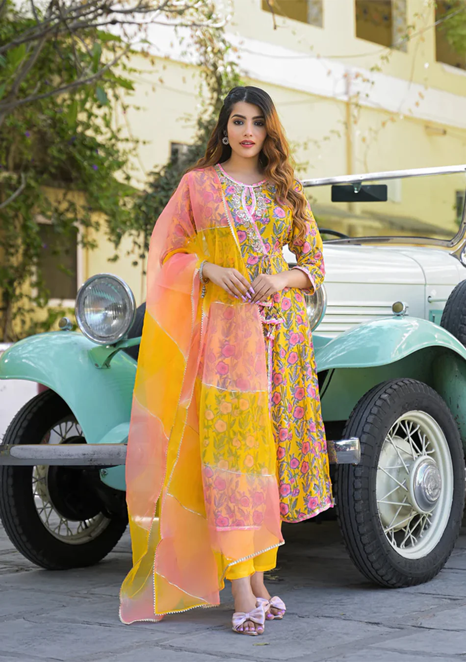Yellow Floral Printed Muslin Kurta Pant with Dupatta - Image 6
