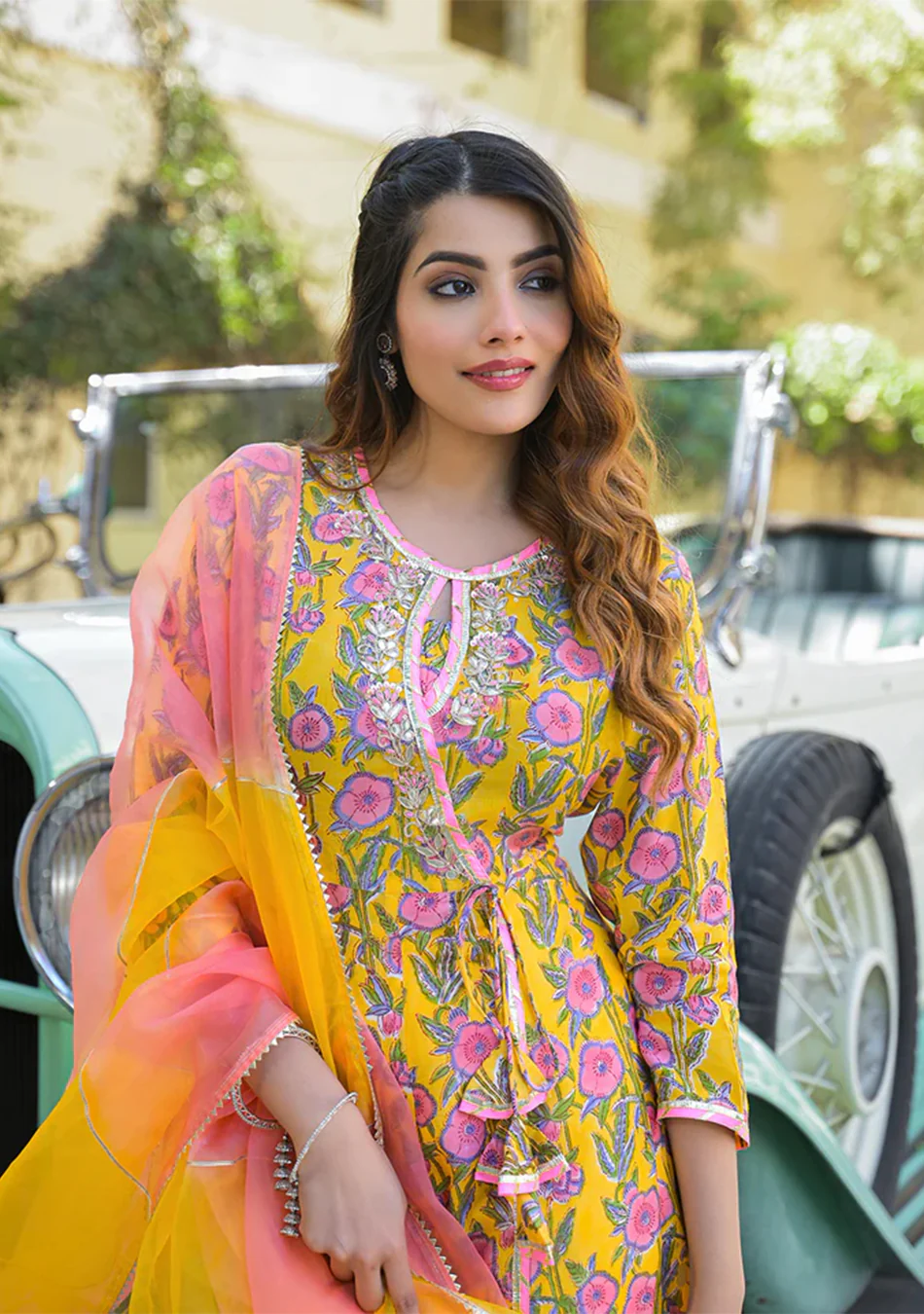 Yellow Floral Printed Muslin Kurta Pant with Dupatta - Image 7