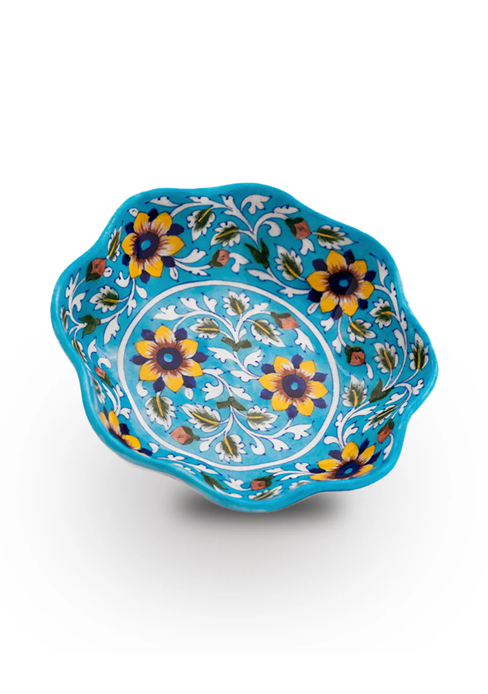 Yellow Flower Pattern Lotus Shaped Sky Blue Bowl - Image 3