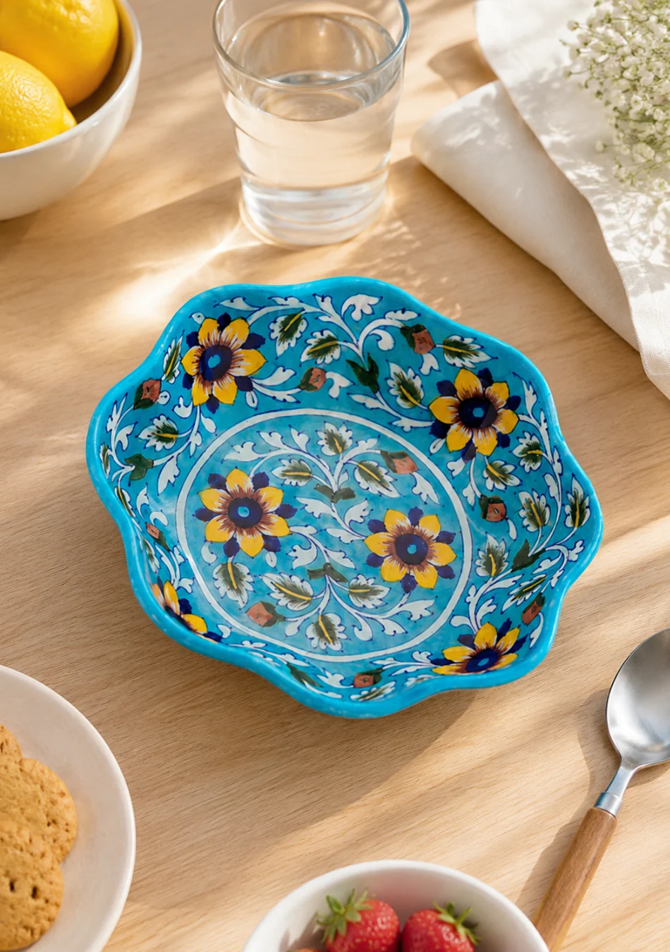 Yellow Flower Pattern Lotus Shaped Sky Blue Bowl - Image 4