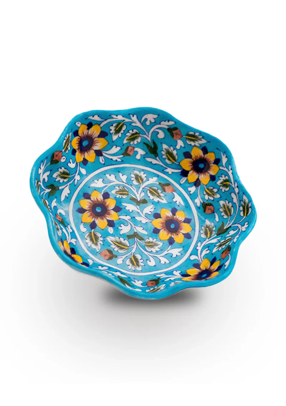Yellow Flower Pattern Lotus Shaped Sky Blue Bowl - Image 5