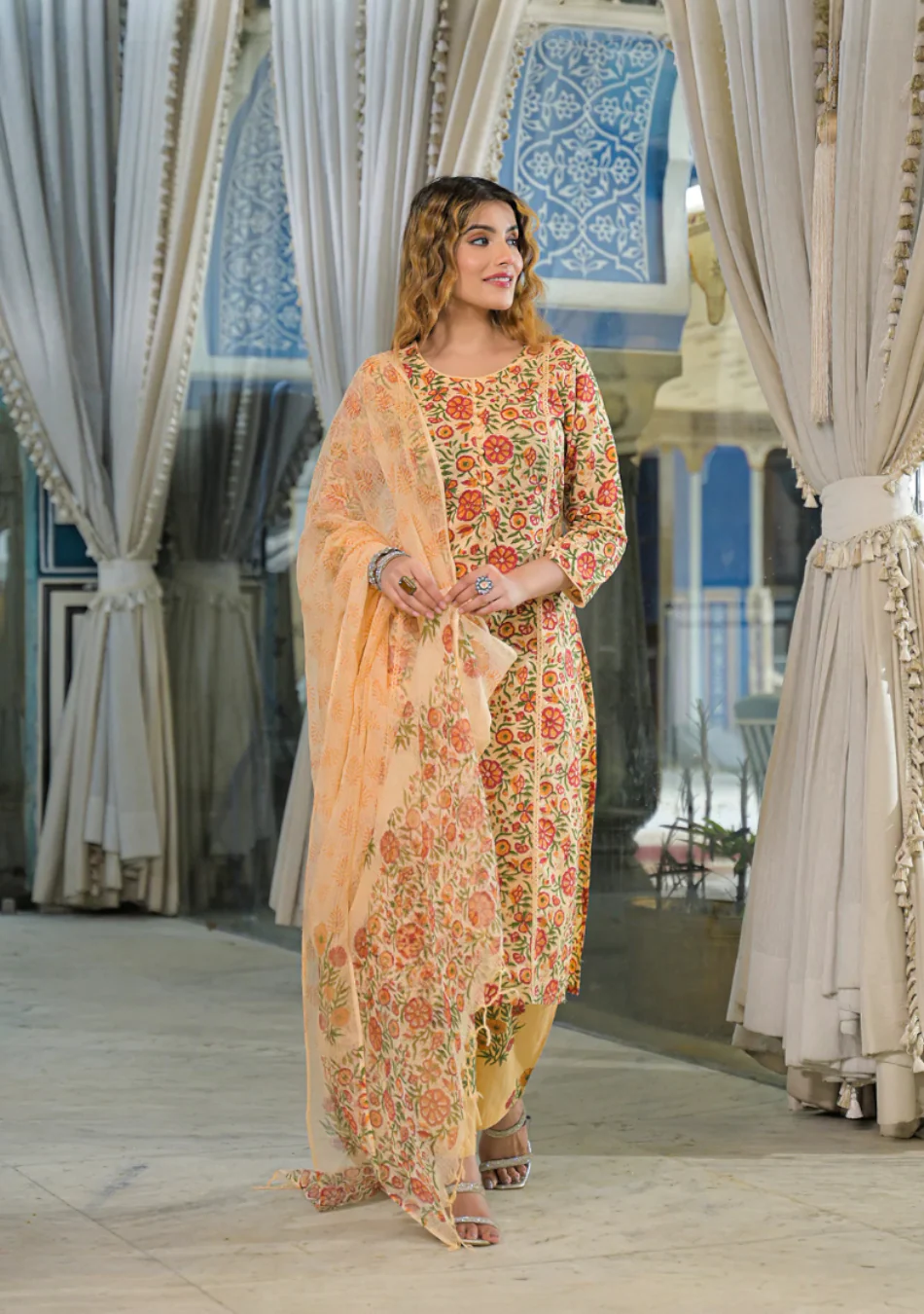 Yellow Hand Block Cotton Straight Kurta Pant With Dupatta - Image 10