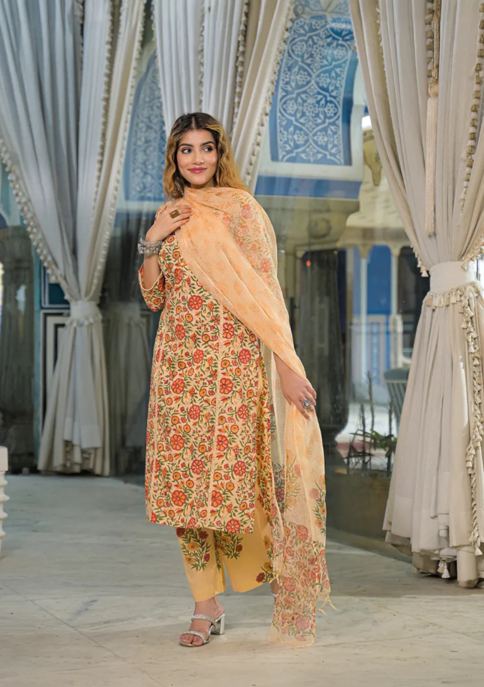 Yellow Hand Block Cotton Straight Kurta Pant With Dupatta - Image 2