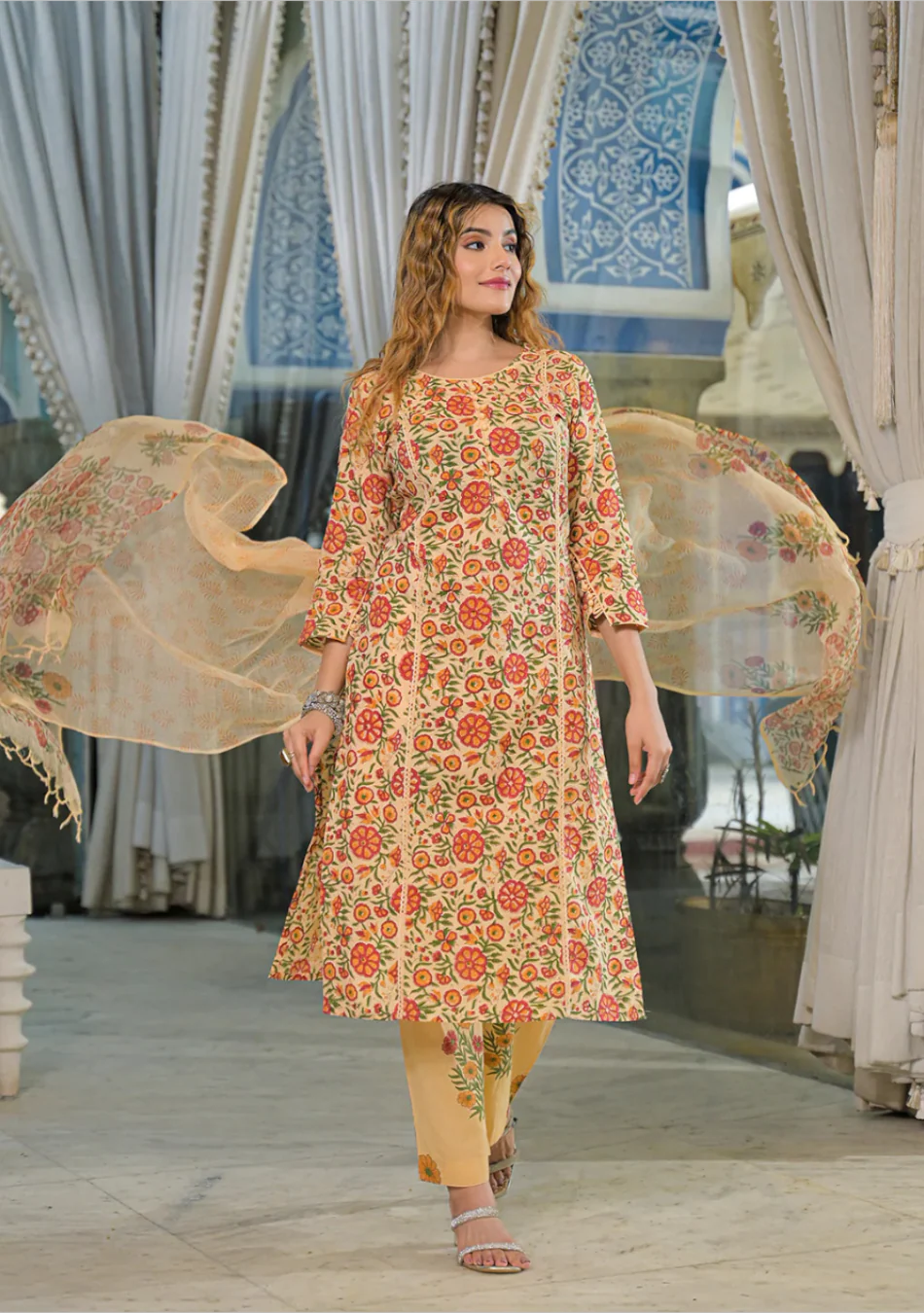 Yellow Hand Block Cotton Straight Kurta Pant With Dupatta - Image 3