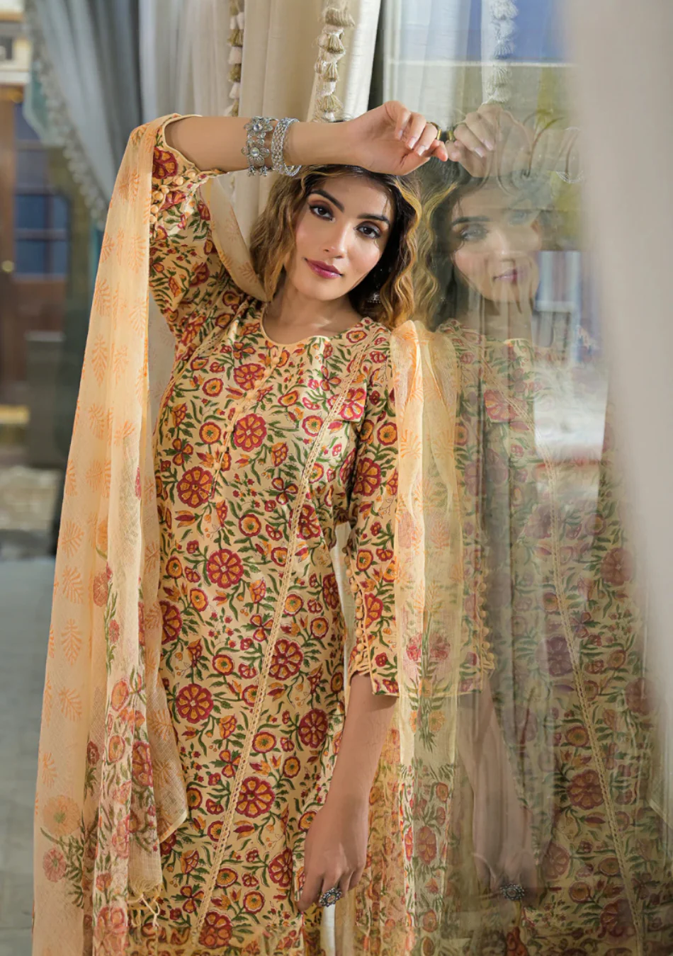 Yellow Hand Block Cotton Straight Kurta Pant With Dupatta - Image 4