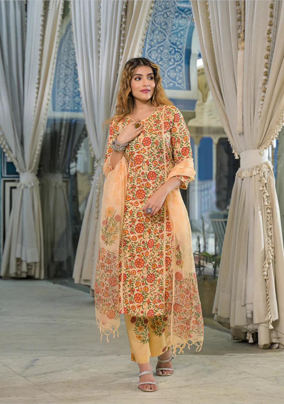 Yellow Hand Block Cotton Straight Kurta Pant With Dupatta - Image 5