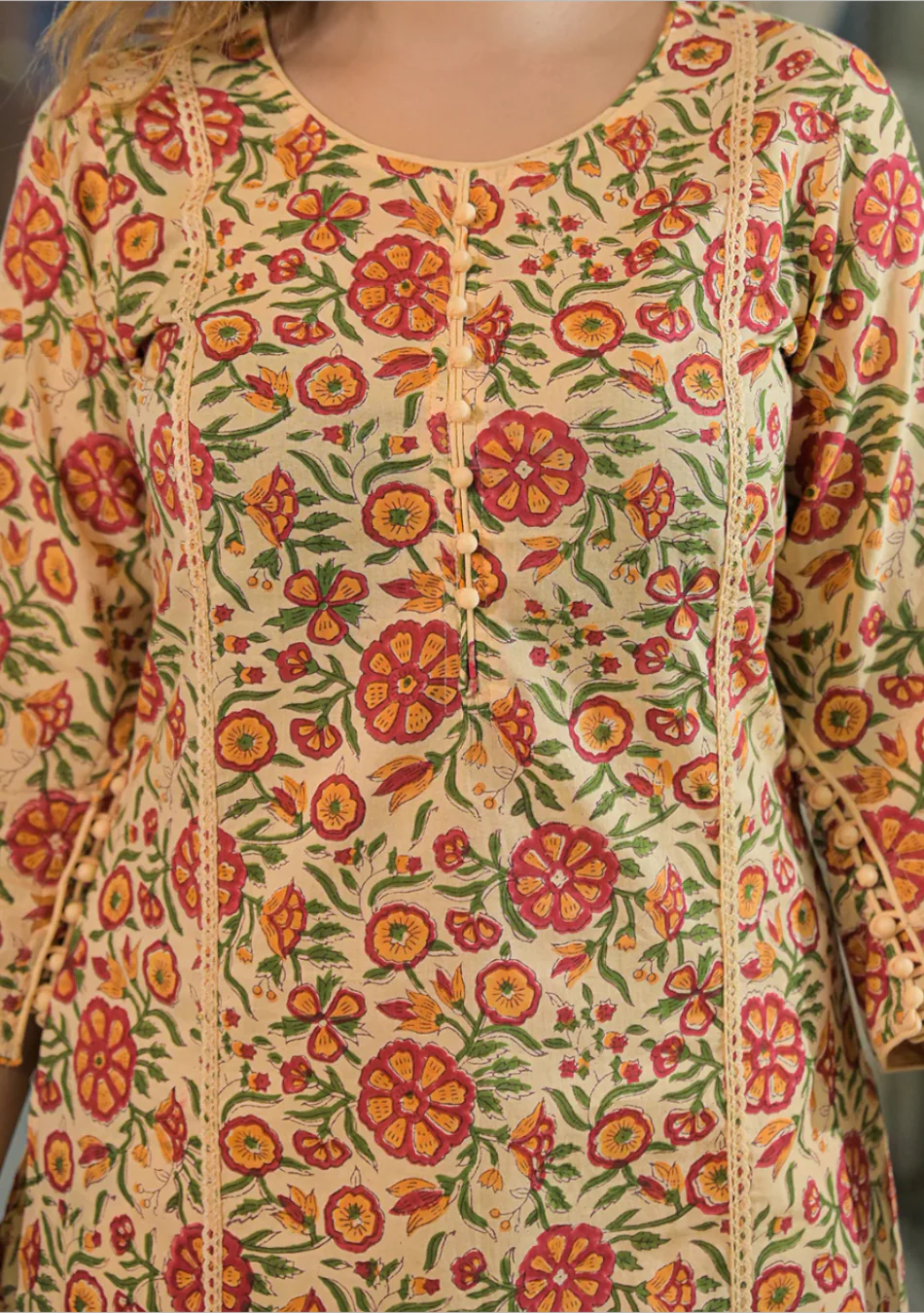 Yellow Hand Block Cotton Straight Kurta Pant With Dupatta - Image 7