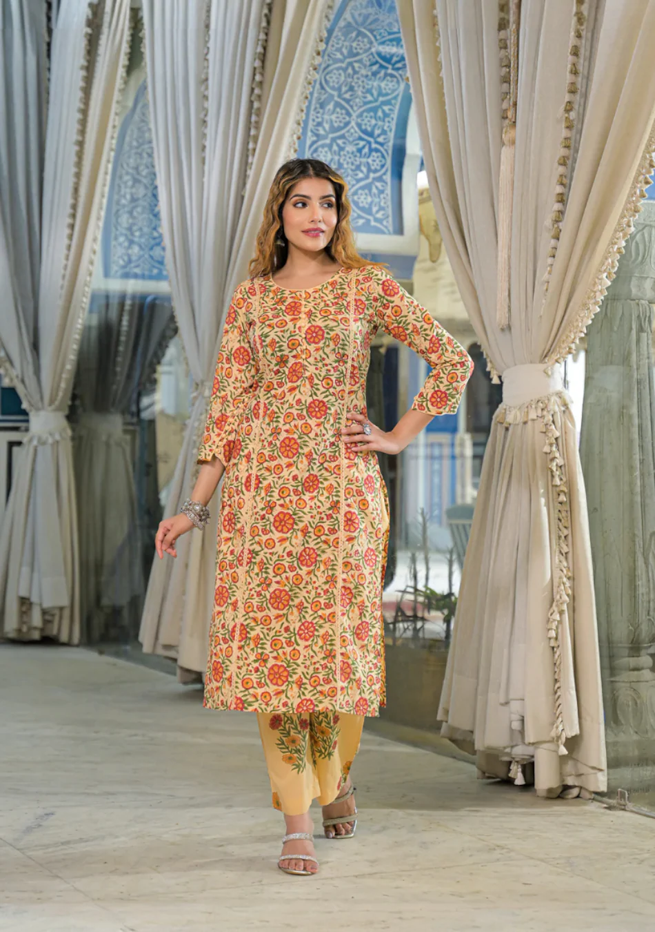 Yellow Hand Block Cotton Straight Kurta Pant With Dupatta - Image 9