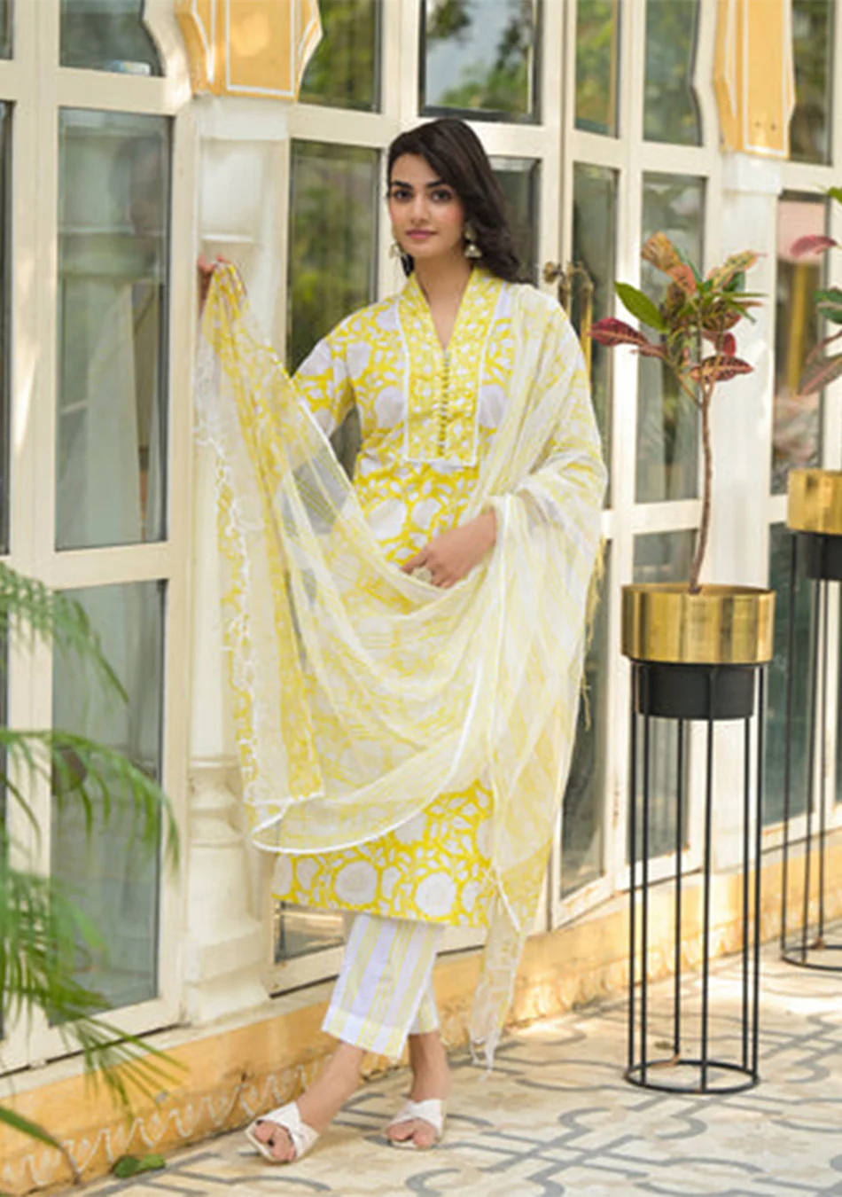 Yellow Hand Block Print Pure Cotton Straight Kurta Set - Image 3