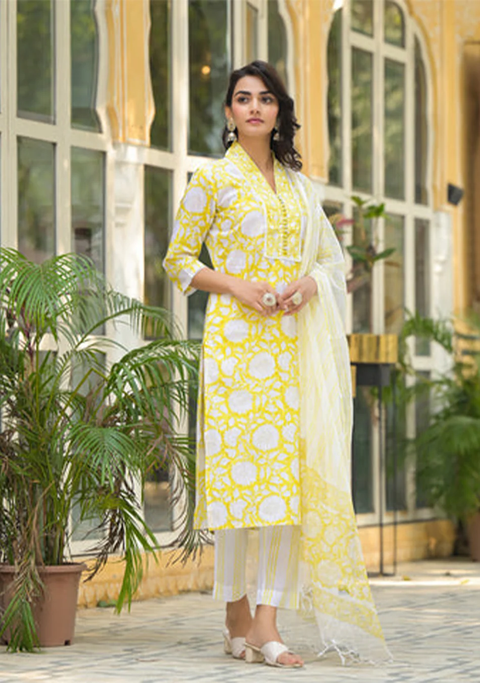 Yellow Hand Block Print Pure Cotton Straight Kurta Set - Image 4
