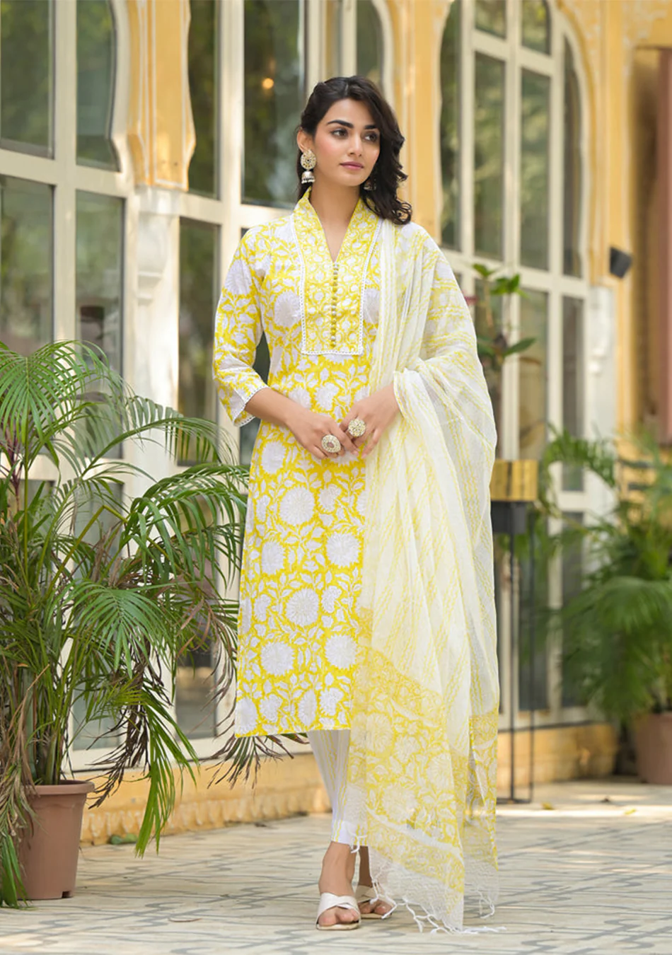 Yellow Hand Block Print Pure Cotton Straight Kurta Set - Image 5