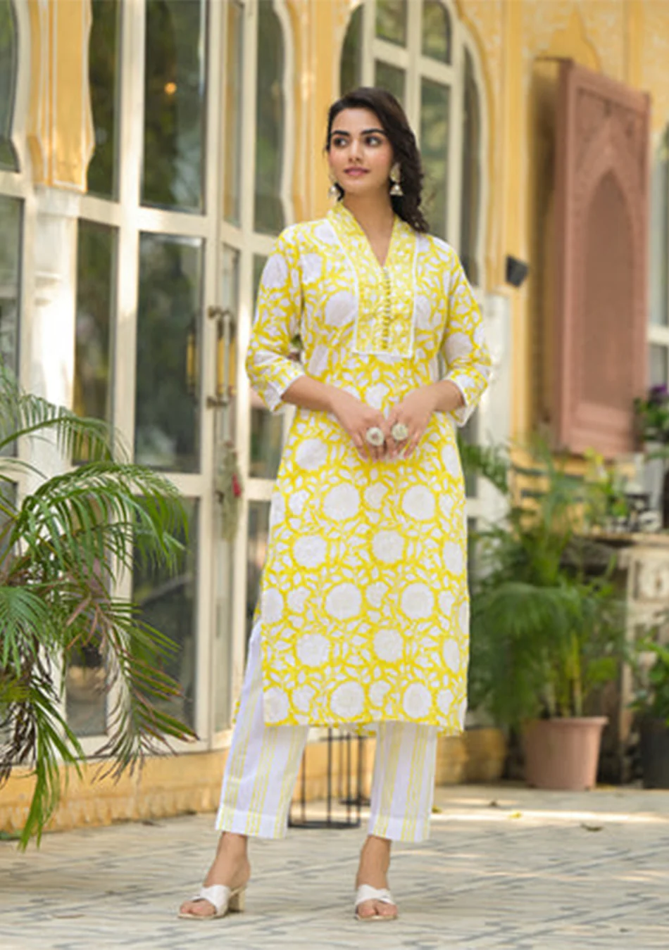 Yellow Hand Block Print Pure Cotton Straight Kurta Set - Image 6