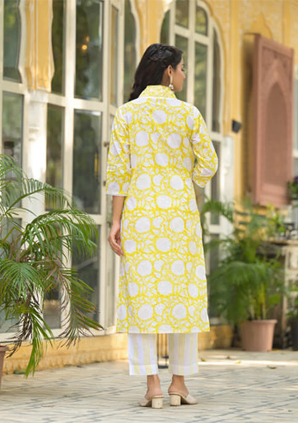 Yellow Hand Block Print Pure Cotton Straight Kurta Set - Image 7