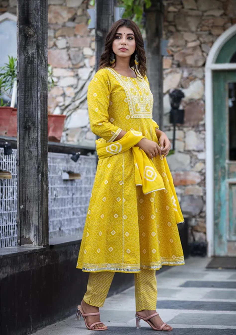 Yellow Chunri Print Anarkali set with Dupatta - Image 3